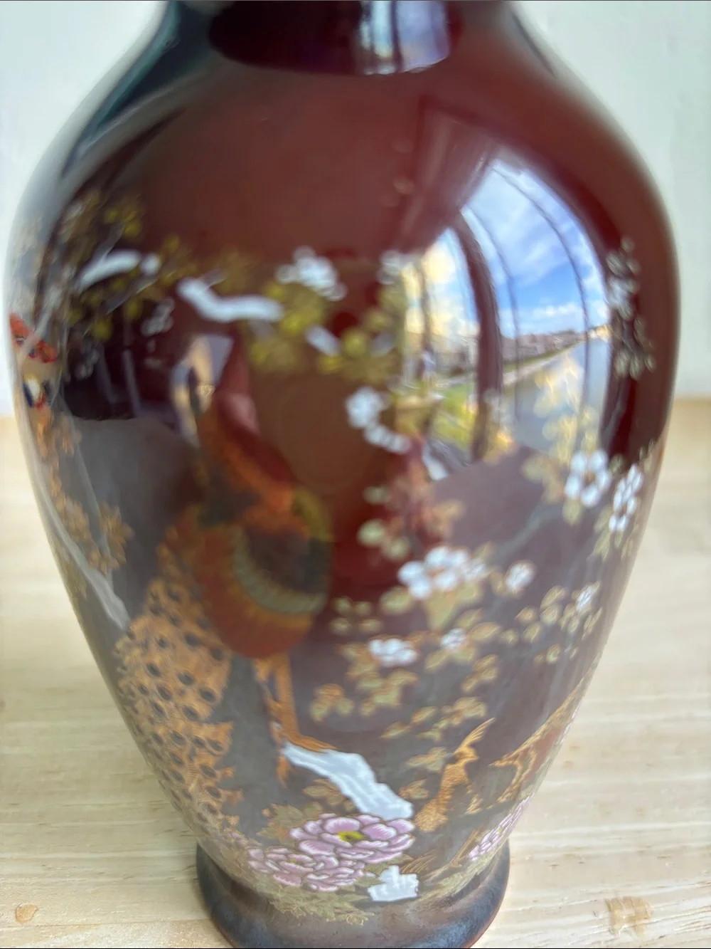 Vintage Japanese Burgundy Ceramic Peacock Accent Vase with Gold Floral Detail